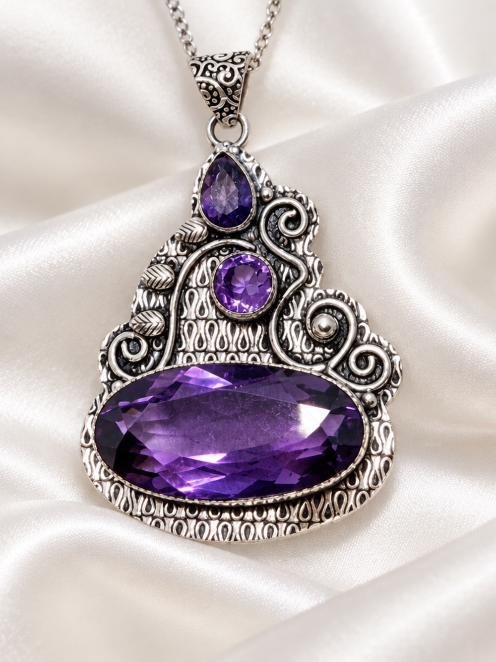 Sterling Silver Large Amethyst Pendant Necklace - Purple Gemstone #Amethyst 18”